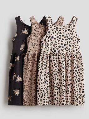 H&M Girl’ Leopard Printed 3-Pk Cotton Dresses—8/10Y
